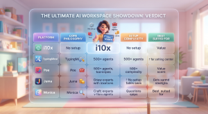 A clear, attractive Pixar-style infographic comparing i10x, TypingMind, Poe, Juma, and Monica across core philosophy, complexity, and best use case.