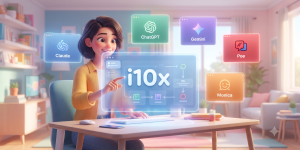 A Pixar-style illustration showing a professional consolidating multiple AI streams (ChatGPT, Claude, Gemini, Poe, Monica) into one unified i10x holographic dashboard.