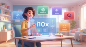 A Pixar-style illustration showing a professional consolidating multiple AI streams (ChatGPT, Claude, Gemini, Poe, Monica) into one unified i10x holographic dashboard.